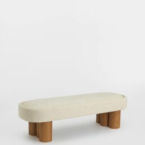 Pillowy Light Beige Bouclé Oval Bench