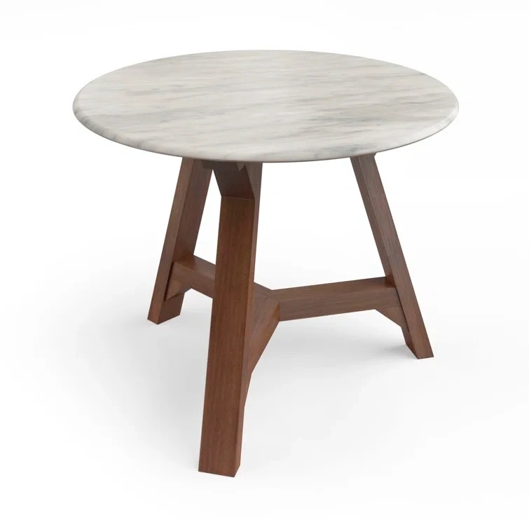 Pillowy White Marble Top Round Side Table with Walnut Base - Image 3